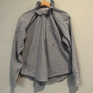 KMJ Check Button-Up Shirt Ruffle Collar Crest Embroidered L